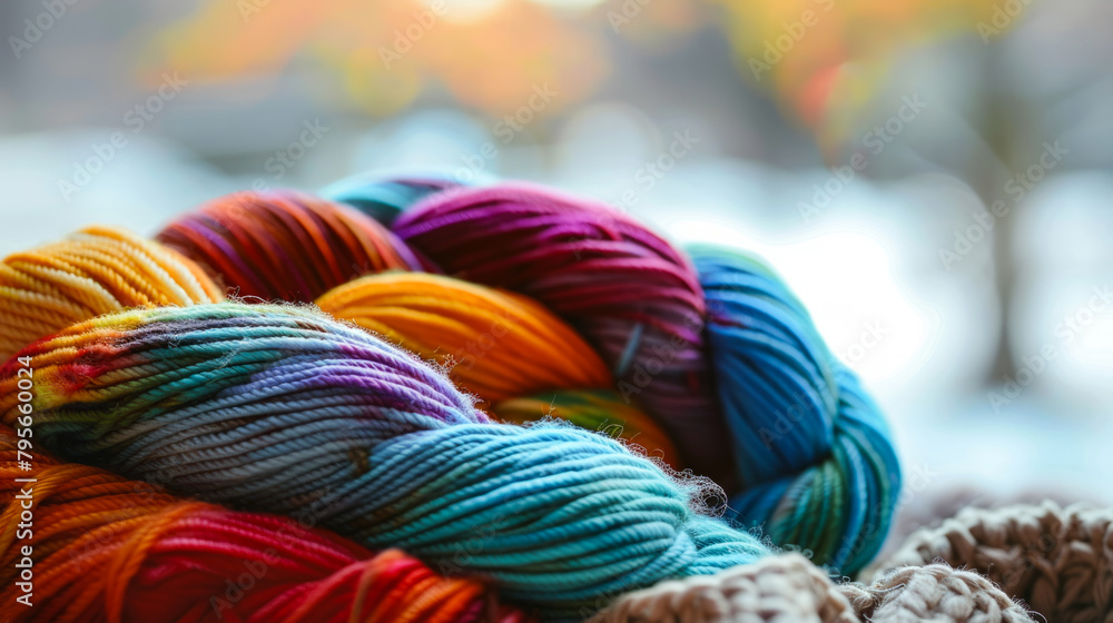 Colorful yarn skeins with autumnal backdrop