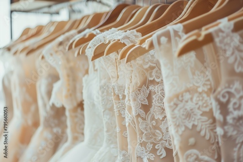Wedding dresses hanging on hangers in wedding boutique