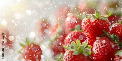 Close-up of fresh strawberries with water droplets on an abstract background