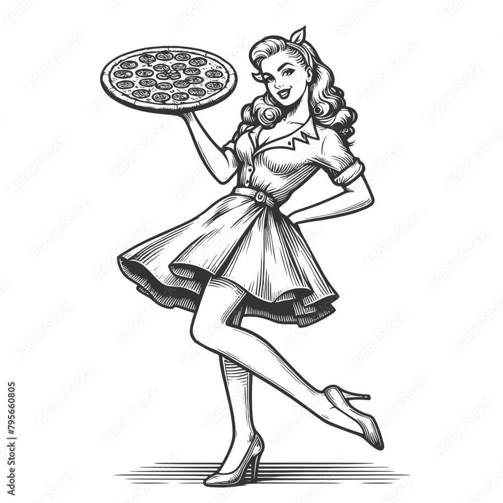 Naklejka premium Pin-up vintage waitress in classic uniforms, with pizza sketch engraving generative ai fictional character vector illustration. Scratch board imitation. Black and white image.