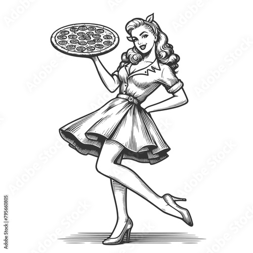 Pin-up vintage waitress in classic uniforms, with pizza sketch engraving generative ai fictional character vector illustration. Scratch board imitation. Black and white image. © Oleksandr Pokusai