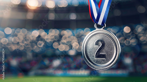 Close-up of a silver medal against the background of a blurred stadium at the Olympic Games, award at the championship or Olympics for 2nd place, bronze medal