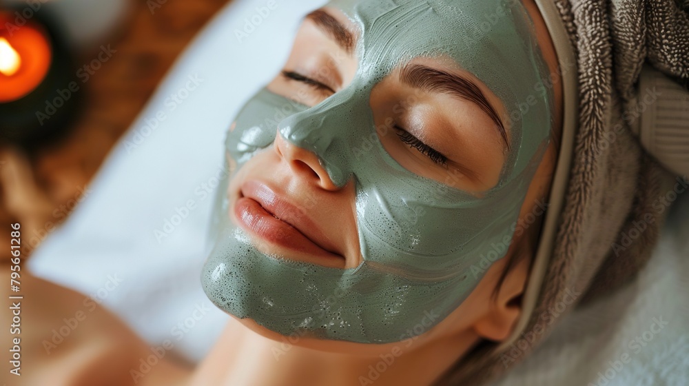 Woman enjoying facial clay mask at spa. Woman enjoying facial clay mask at spa.