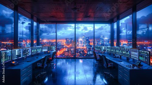 Night view of the interior of a modern office building with a panoramic window.