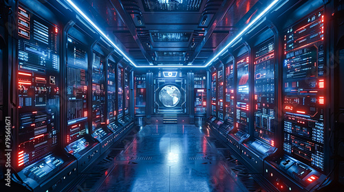Dark blue spaceship interior with bright glowing lights. 3D Rendering