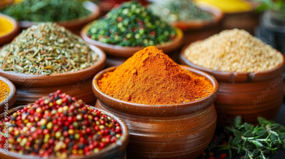 A variety of spices are displayed in bowls, including pepper, cumin, and paprika A variety of spices are displayed in bowls, including pepper, cumin, and paprika