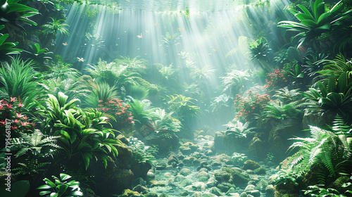 Under water Tropical garden with ferns  plants and sunlight.