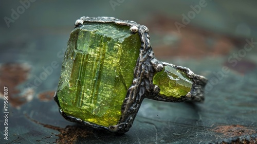 A green gemstone ring with a silver band