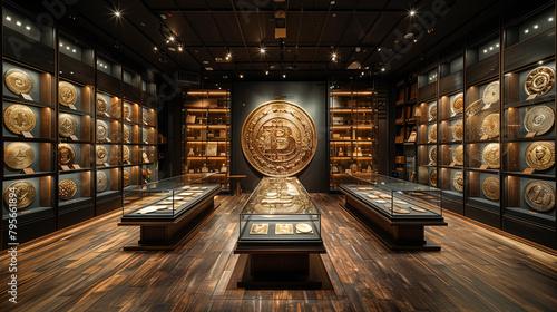 3d rendering of crypto coins in the museum with a large Bitcoin on showcase photo
