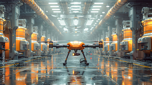3d rendering of a drone flying in the air in a factory photo