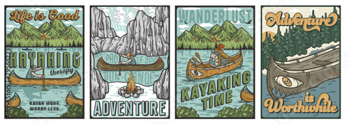 Set of four retro-style kayaking posters with motivational phrases and nature. Collection of t-shirt prints for travel, nature hiking and camp