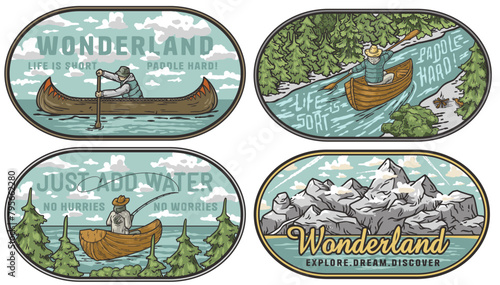 Collection of vintage-style adventure badges featuring canoeing and mountain landscapes. Collection of t-shirt prints for travel, nature hiking and camp
