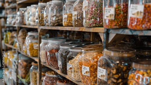 A variety of grains, spices, and legumes neatly displayed in containers on shelves, suggesting organized kitchen storage