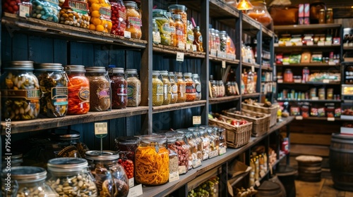 A well-stocked pantry store with shelves filled with various jars of pickles, spices, and confectioneries
