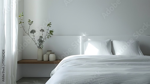 A minimalist bedroom with a platform bed, crisp white linens, and a sleek wall-mounted bedside table, creating a serene