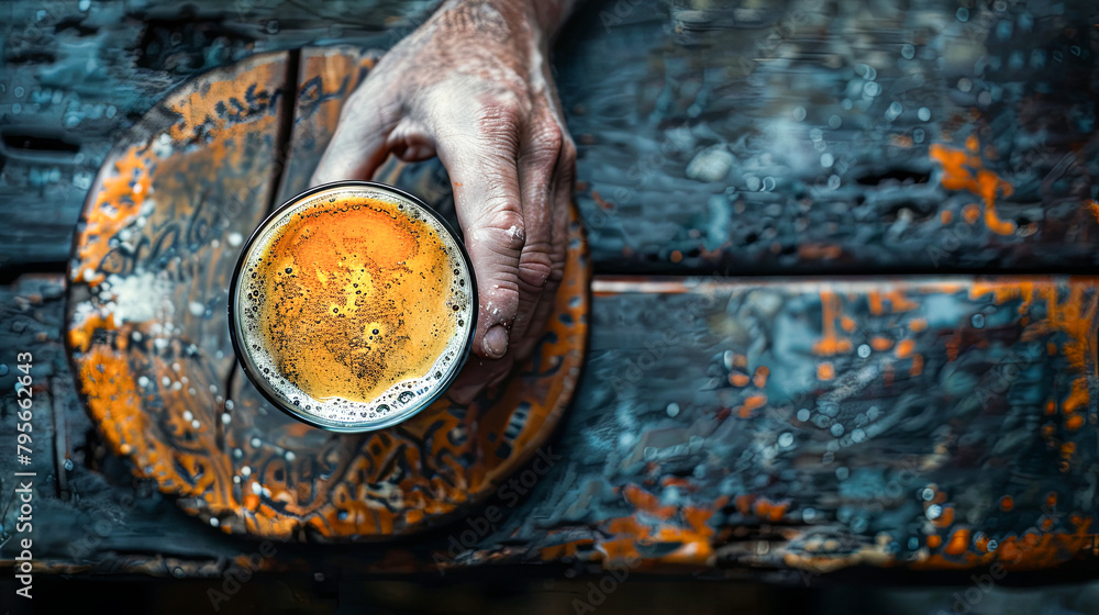 Man hand holding a glass of beer on a dark rustic background
