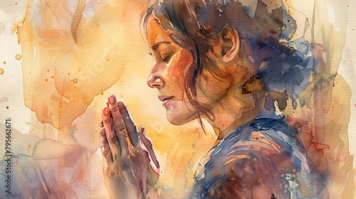 watercolor painting of woman in peaceful prayer spiritual devotional art