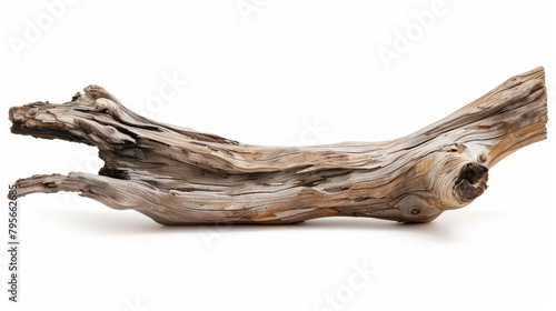 weathered driftwood piece isolated on white background natural texture and organic shapes