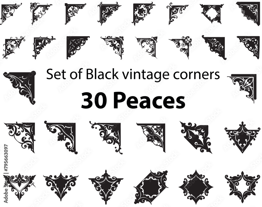 set of 30 Vector corners and ornaments for design work, freestanding black and white