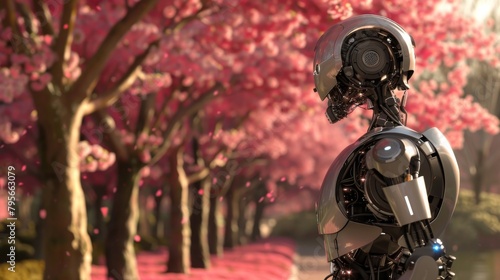 A visually engaging image of a robot with a camera head surrounded by blooming cherry blossoms, suggesting a blend of technology and nature