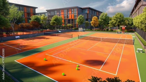 Outdoor clay tennis courts with colorful surroundings in an urban environment. Recreational sport concept photo