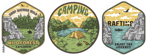 Set of three colorful adventure badges featuring camping and rafting themes with outdoor wilderness landscapes, wild animals, tents, and water activities, ideal for nature and travel enthusiasts