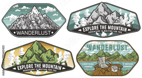 Set of four outdoor vintage badges mountain landscapes and camping for adventure spirit of exploration and the great outdoors. Sticker pack for travel nature hiking and camp. T-shirt print
