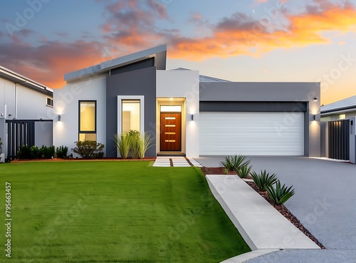 a modern home in the western australia with front yard, grey color wall and white garage door, artificial grass on lawn area, house is located at perth close to park , 