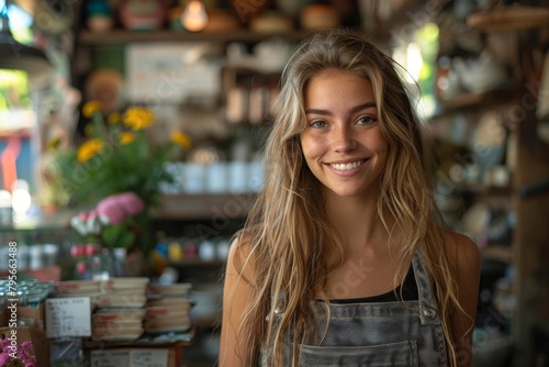 A happy young woman in overalls smiles in a cozy shop surrounded by plants and books
