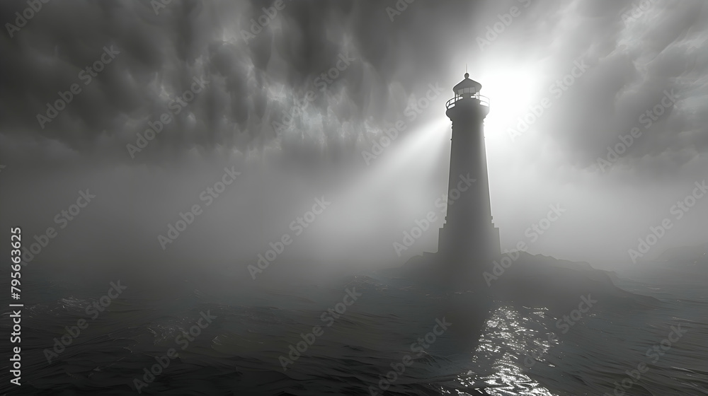A minimalist drawing of a lighthouse beam piercing through fog