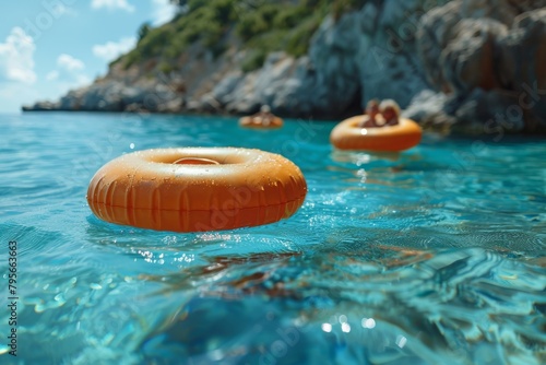 Image depicts a bright orange inflatable ring floating on crystal clear blue sea water near rocky coast on a sunny day