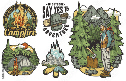 Set of retro camping badge designs featuring outdoor scenes, camper, and campfire elements. Sticker pack travel or nature hiking and camp for t-shirt print