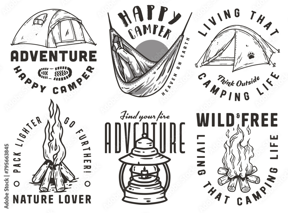 Collection of featuring camping elements such as a tent, hammock, and a campfire for adventure and nature enthusiasts for outdoors. Set of t-shirt prints for travel, camping, nature hiking and camp Collection of featuring camping elements such as a tent, hammock, and a campfire for adventure and nature enthusiasts for outdoors. Set of t-shirt prints for travel, camping, nature hiking and camp
