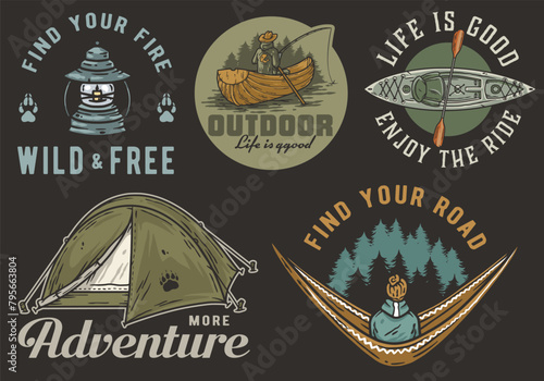 Collection of vintage-style emblems featuring outdoor adventure, including camping gear, canoe, tent, and spirit of wilderness exploration. Set of t-shirt prints for travel, nature hiking and camp