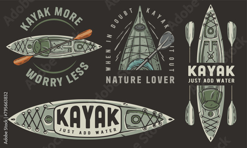 Set of vintage-style kayak adventure emblems featuring paddles and nature themes for outdoor enthusiasts and adventure branding. Set of t-shirt prints for travel, camping, nature hiking and camp