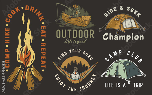 Collection of vintage outdoor adventure badges, camping elements like tents, campfire, canoe for nature enthusiasts and wilderness explorers. Set of t-shirt prints for travel, nature hiking and camp
