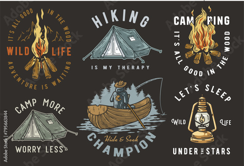 Collection of emblems showcasing various camping and outdoor adventure themes, including campfires, tents, hiking, canoeing. Set of t-shirt prints for travel and camp