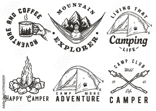 Collection of vintage camping and adventure emblems featuring tents, campfires, and nature for outdoor enthusiasts and wilderness. Set of t-shirt prints for travel, nature hiking and camp