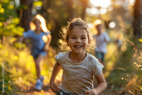 Delight and laughter fill the forest as a young girl leads her friends in a spirited game of tag at golden hour