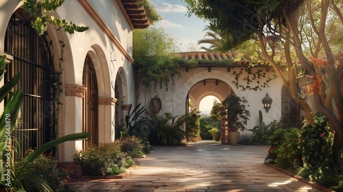 Charming Spanish Villa with Arched Doorways  Lush Courtyards  Set in a Sunlit Mediterranean Landscape