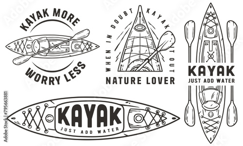 Set of vintage-style kayak adventure emblems featuring paddles and nature themes for outdoor enthusiasts and adventure branding. Set of t-shirt prints for travel, camping, nature hiking and camp