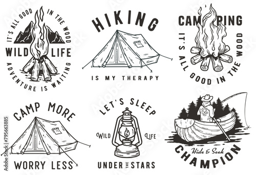 Collection of emblems showcasing various camping and outdoor adventure themes, including campfires, tents, hiking, canoeing. Set of t-shirt prints for travel and camp