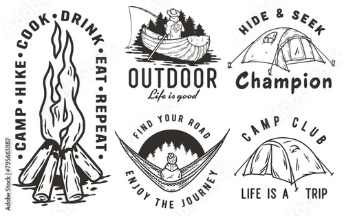 Collection of vintage outdoor adventure badges, camping elements like tents, campfire, canoe for nature enthusiasts and wilderness explorers. Set of t-shirt prints for travel, nature hiking and camp