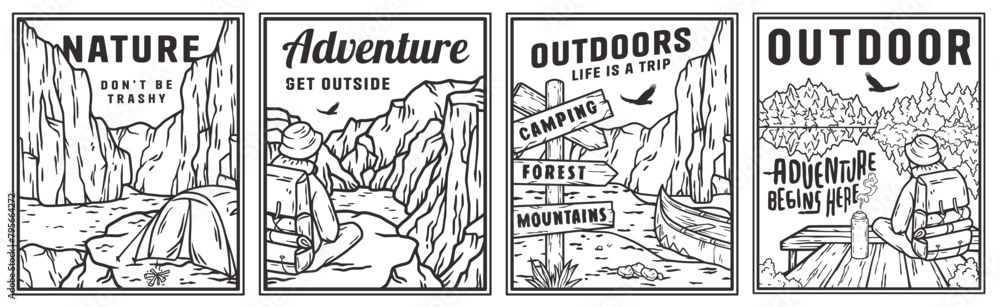 Fototapeta premium Series of four vintage camping scenes with motivational outdoor adventure sayings, featuring tents, forests, mountains, lake, wildlife. Sticker pack, set for nature hiking, camp. T-shirt prints