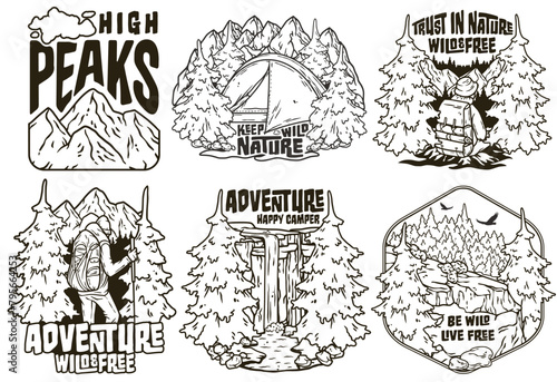 Collection of vintage-style camping badges with nature and adventure motifs for outdoor themes. Sticker pack travel. Set for hiking and camp. T-shirt print