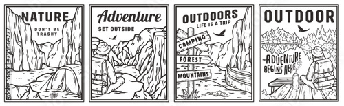 Series of four vintage camping scenes with motivational outdoor adventure sayings, featuring tents, forests, mountains, lake, wildlife. Sticker pack, set for nature hiking, camp. T-shirt prints
