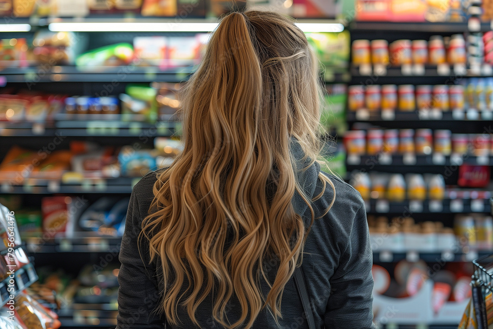 A girl at a food shelf in a supermarket. Rear camera view 