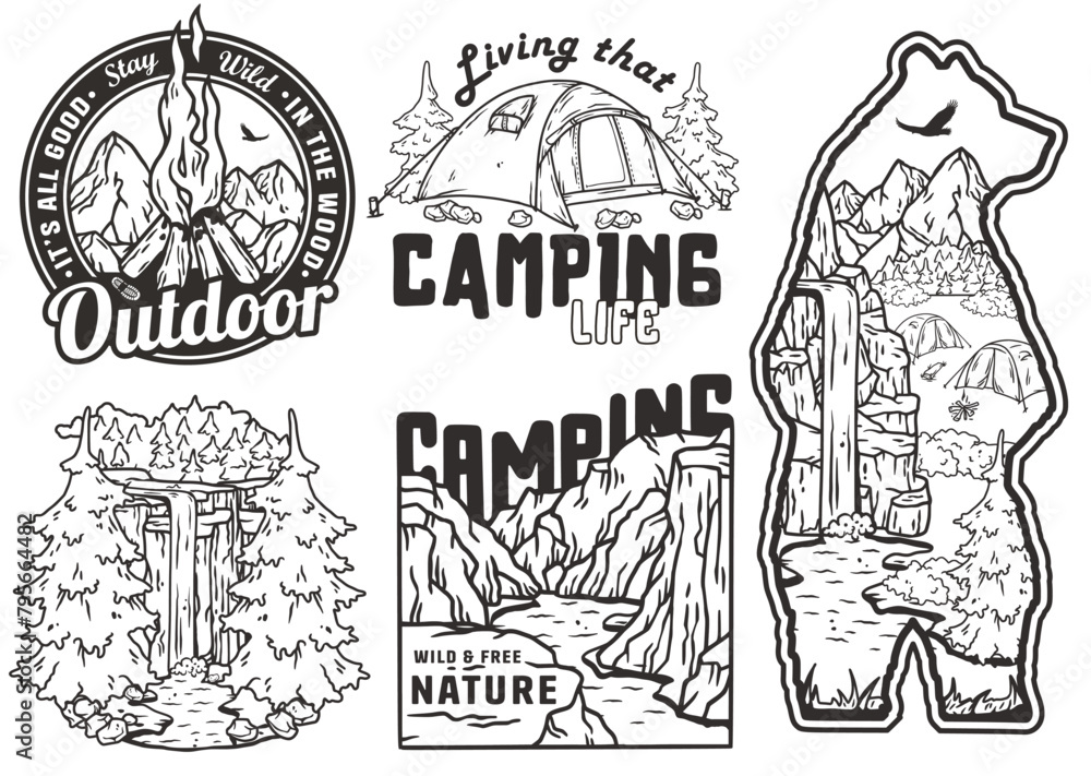 Sticker pack travel. Set for nature hiking and camp. Collection of retro-style camping badges featuring nature and outdoor elements. T-shirt print