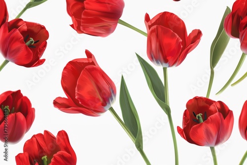 A vibrant digital illustration of red tulips with green stems and leaves on a clean white background