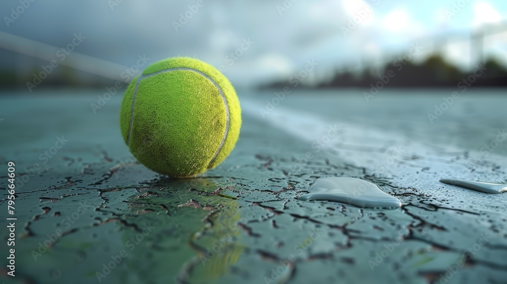 Wet tennis ball on hard court with water puddles. Macro shot with copy space.